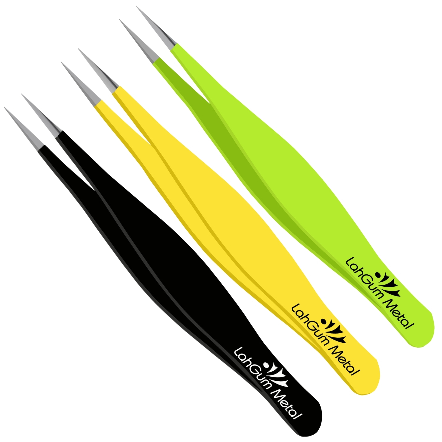 LahGum Metal green, yellow and black pointed tweezers for precise ingrown hair, splinter and fine hair removal.