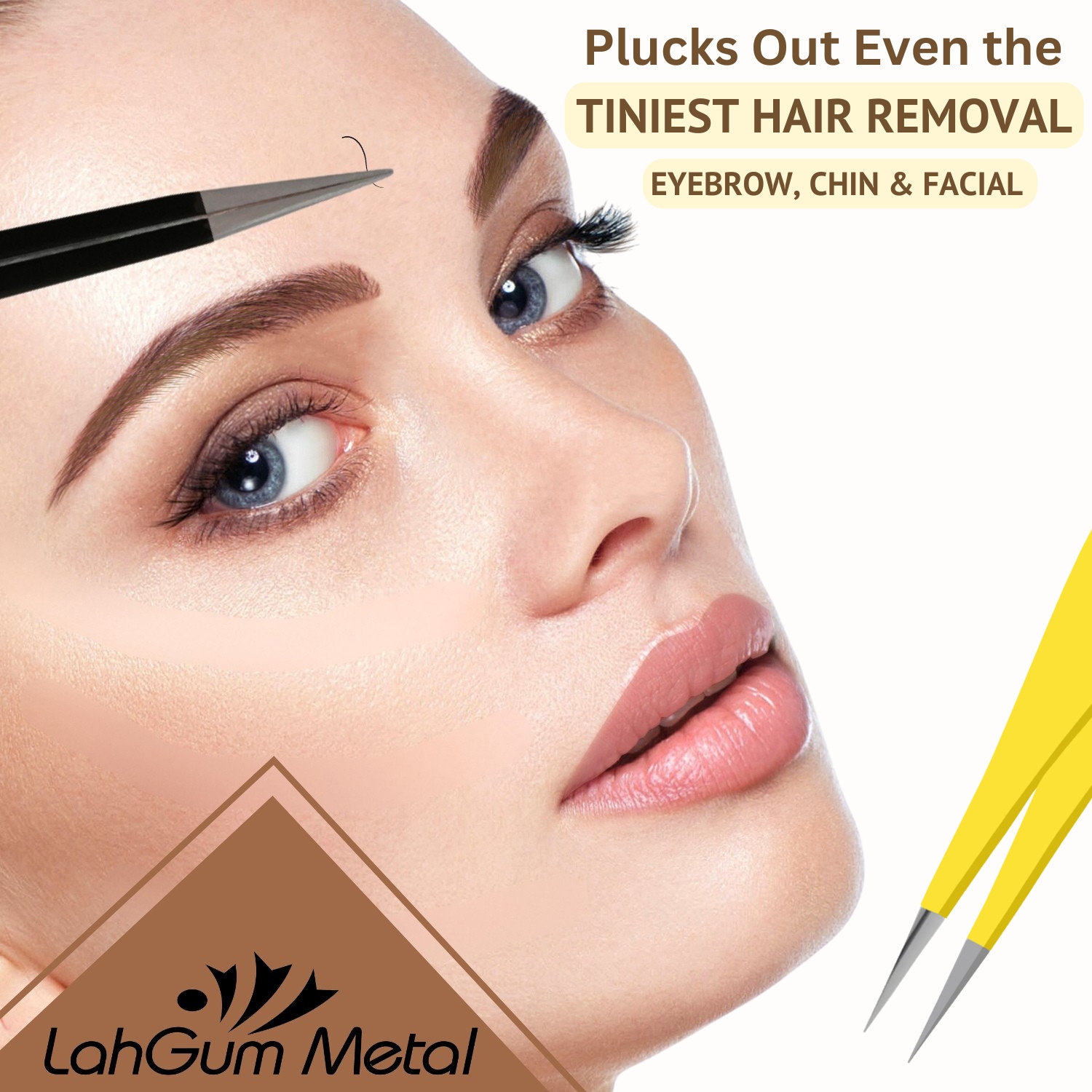 LahGum Metal pointed tweezers for eyebrow, chin and facial hair removal, designed to grip and pluck fine hairs.