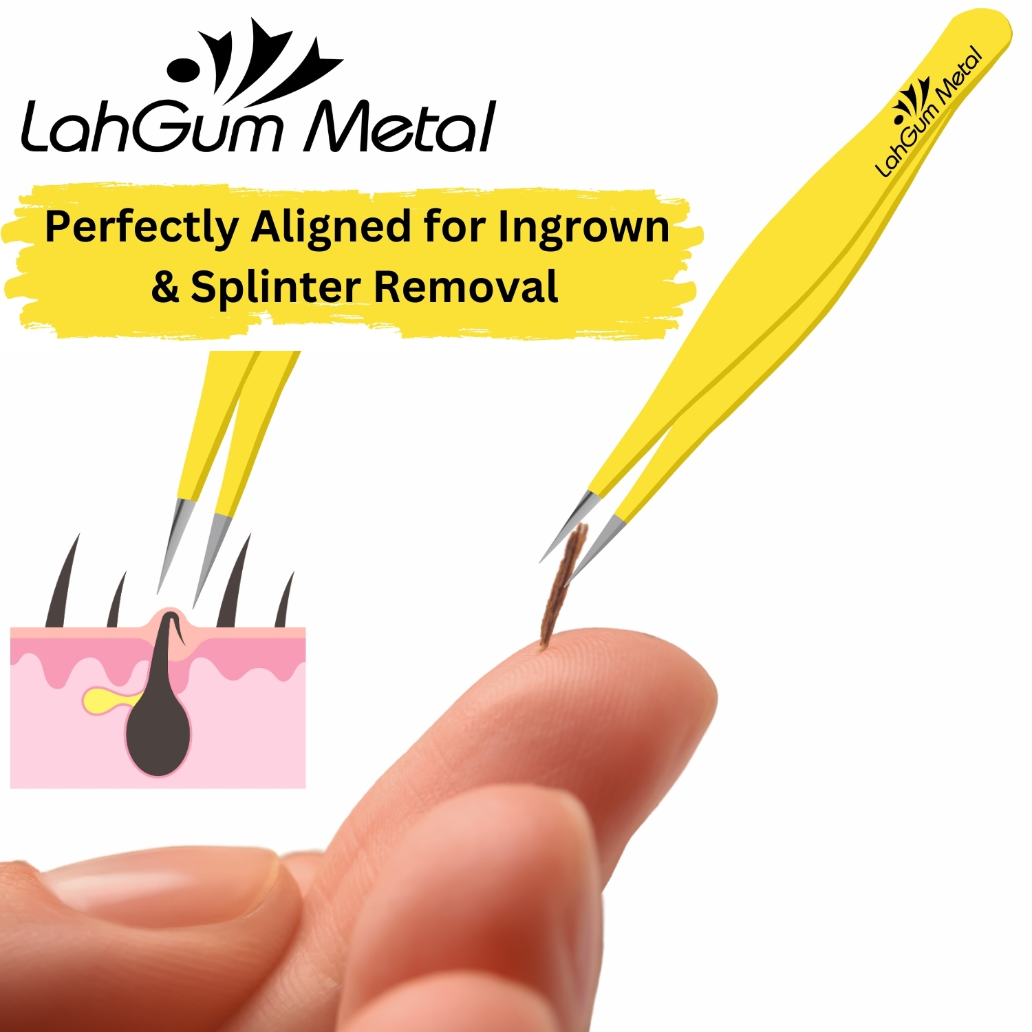 LahGum Metal pointed tweezers for ingrown hair and splinter removal, with sharp tips for accurate and controlled use.