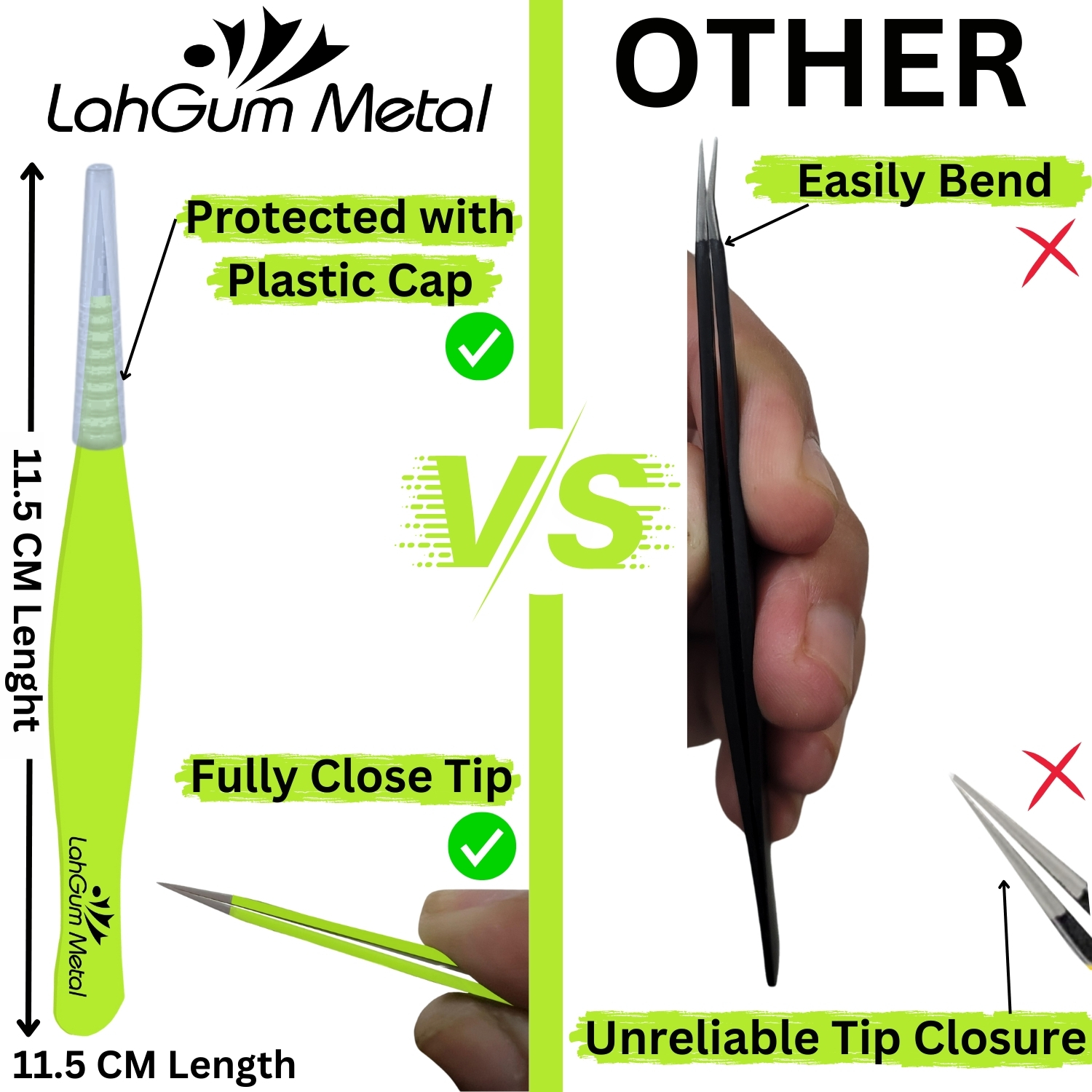LahGum Metal pointed tweezers with protective cap and fully closing tips for safe, precise hair and splinter removal.